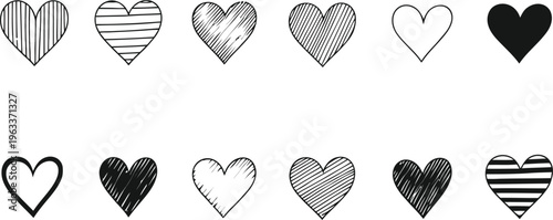 Collection of hand-drawn hearts in black and white diverse styles isolated on transparent background romantic love symbols.