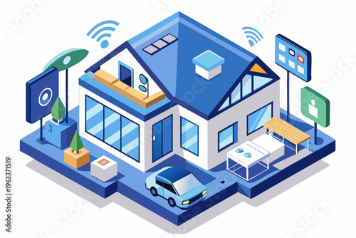 Modern isometric vector graphic illustration of a smart home ecosystem, integrating automation, connected devices, and a digital network.