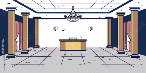 Illustration depicts an empty grand lobby or reception area featuring classical columns a central desk and an ornate chandelier overhead.