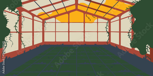 Empty abandoned greenhouse structure featuring overgrown vines and a bright yellow sunlit interior visible through the panes.