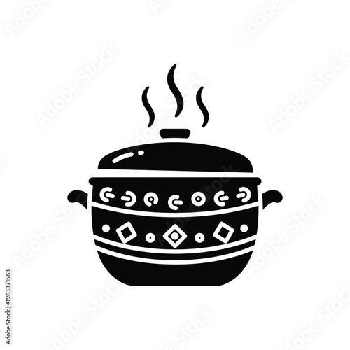 Cooking pot icon with steam black silhouette traditional soup bowl with lid and handles ceramic dishware for kitchen restaurant menu food preparation illustration isolated on white background.