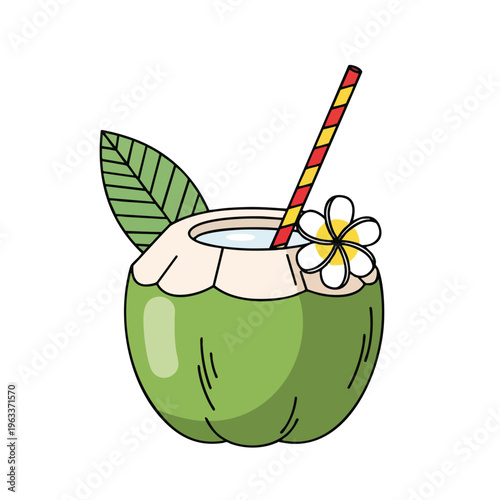 Refreshing green coconut drink with straw, flower and leaf decoration