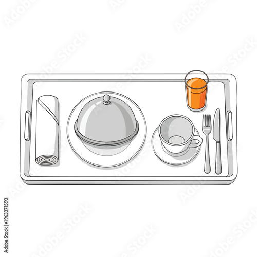 Rectangular tray with rolled napkin, domed plate, cup, saucer, fork, knife, and juice