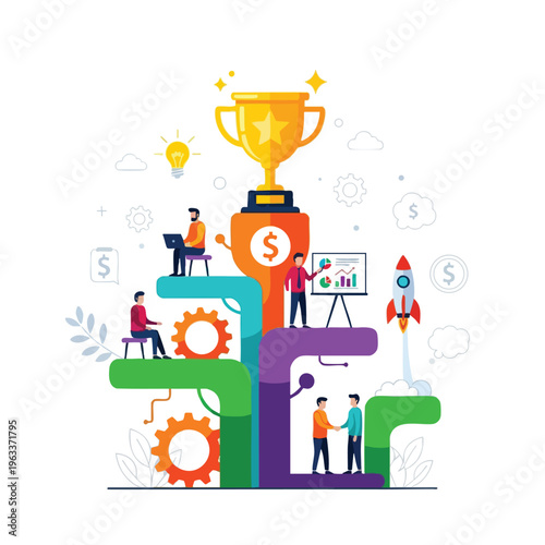 Business growth, teamwork, and achievement symbolized by a trophy, rocket, and handshake