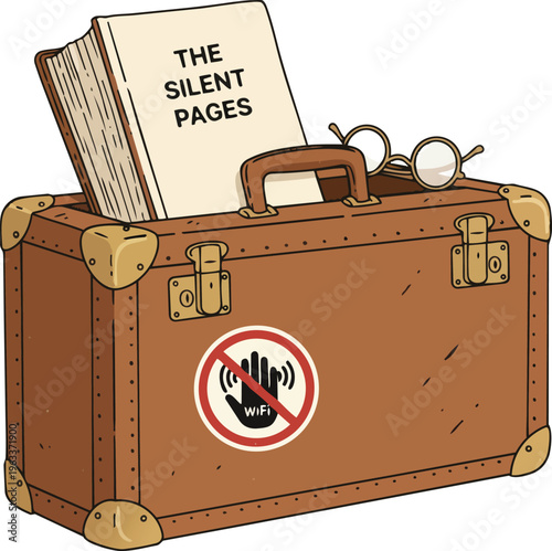 Travel suitcase with no wifi sign sticker and physical reading book sticking out from pocket symbolizing digital detox offline vacation analog leisure technology break remote travel adventure relaxati