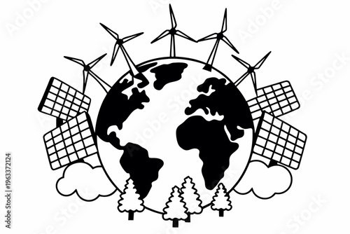 Global vector illustration depicting a sustainable future with renewable energy sources like wind turbines and solar panels surrounding the Earth.