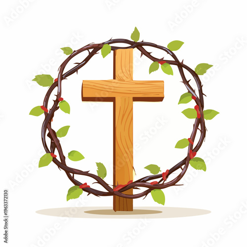Wooden christian cross with crown of thorns and green leaves for easter and sacred religious illustration. flower vector