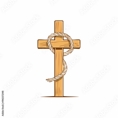 Sacred wooden cross with wrapped rope detail for religious concept and spiritual christian illustration. flower vector