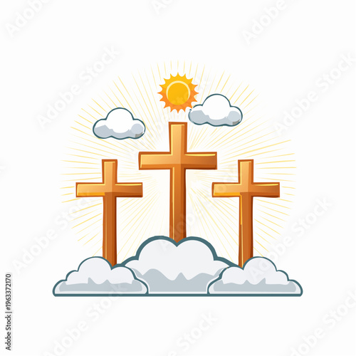Three religious wooden crosses on white clouds with sun and yellow light rays for church design.flower vector