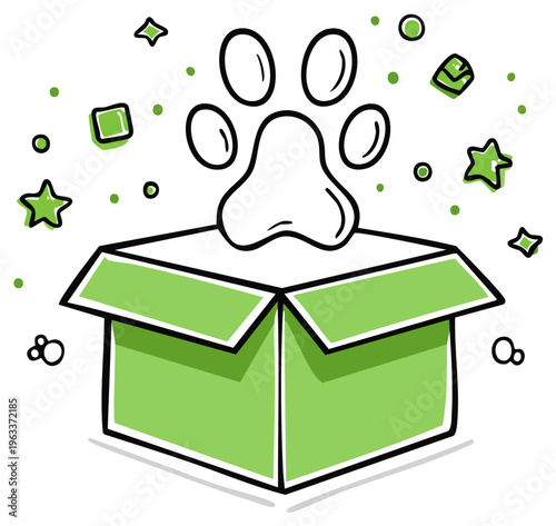 Whimsical pet adoption paw print hovering over a bright green box filled with pet supplies and playful star shapes