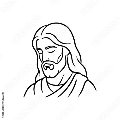 jesus christ line art portrait with closed eyes and beard for spiritual reflection and religious design elements.