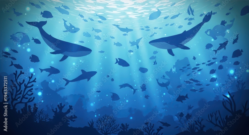 Fototapeta premium Underwater ocean scene with whales and various fish silhouettes in deep blue sea with coral reef and light rays filtering through water surface