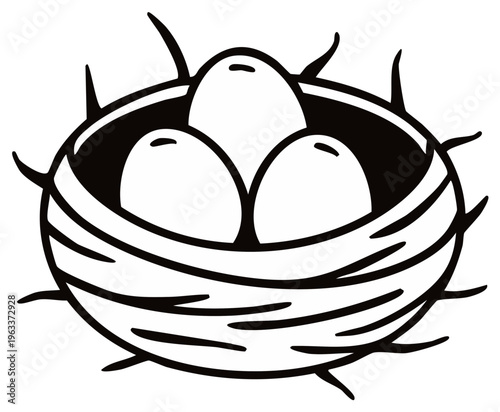 Simple Illustration of a Bird Nest with Three White Eggs Ready for Hatching