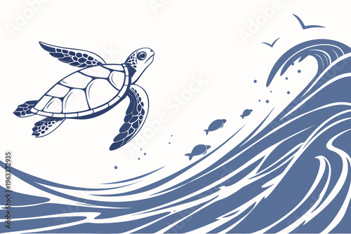 Elegant sea turtle vector illustration swimming gracefully over stylized ocean waves with small fish and soaring birds design.