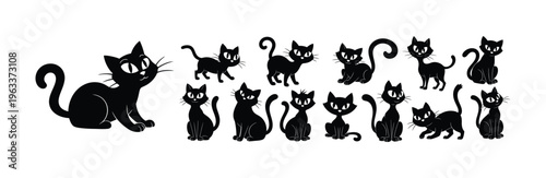 Collection of stylized black cat illustrations in various playful poses and expressions for whimsical design elements.