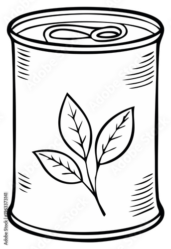Hand-drawn illustration of a closed tin can with a simple leaf sprig graphic, representing preserves or food packaging.
