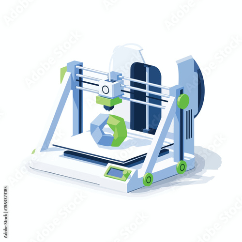 A 3D printer creates a polygonal geometric object with a light blue frame