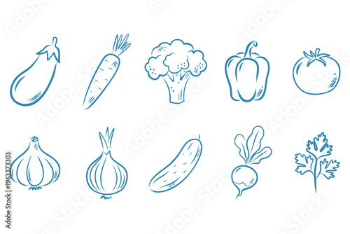 Hand Drawn Vegetables Set Line Art Fresh Organic Food Icons Eggplant Carrot Broccoli Pepper Tomato Vector