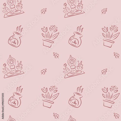 Wellness Seamless Pattern Line Art Yoga Meditation Aromatherapy Plants Relax Vector Background