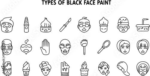 Collection of diverse line art icons for beauty, makeup, and personal care. Featuring faces, cosmetic products, and tools in outline style.