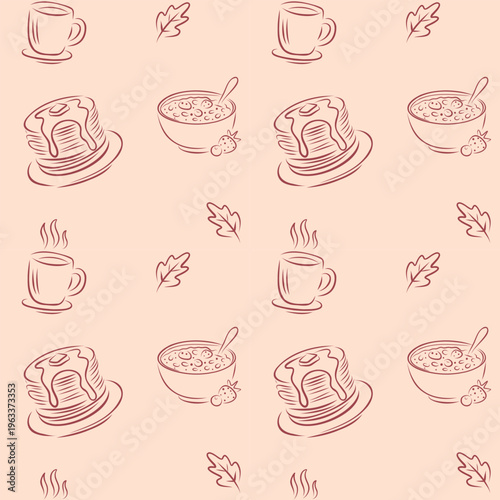Cozy Breakfast Seamless Pattern Line Art Pancakes Porridge Coffee Autumn Leaves Vector Background