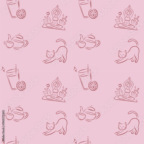 Cozy Lifestyle Seamless Pattern Line Art Morning Routine Yoga Cat Tea Drink Vector Background