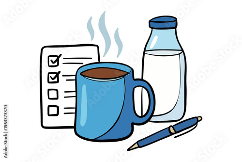 Morning Routine Checklist Coffee Milk Bottle Pen Productivity Planning Vector Illustration