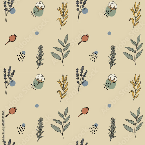 Seamless Botanical Pattern with Herbs Leaves and Natural Organic Elements Vector Illustration