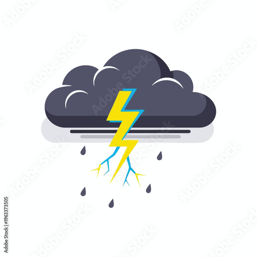 Dark storm cloud with yellow lightning, rain drops, and blue accents