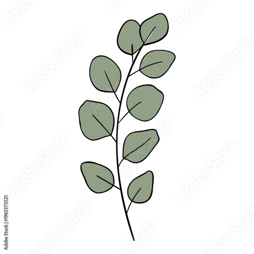 Minimal Green Leaves Branch Botanical Line Vector Illustration
