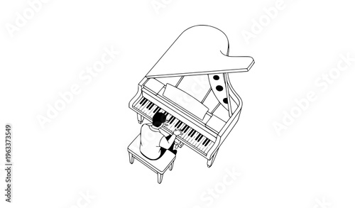 Grand piano top view with pianist silhouette minimal music concept vector illustration isolated on white background