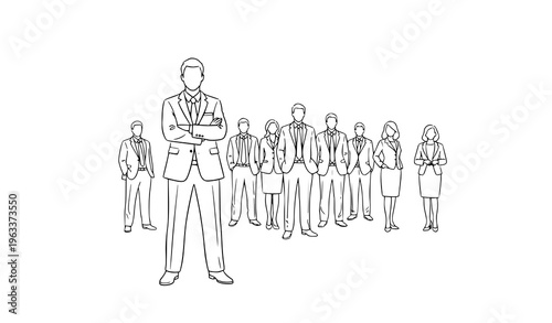 Business team sketch leader in front executives group hand drawn vector illustration isolated on white background
