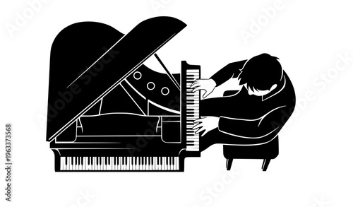 Minimal grand piano top view pianist silhouette music performance vector illustration isolated on white background