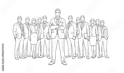 Sketch business team with leader in front hand drawn executives group vector illustration isolated on white background