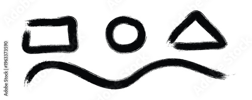 Set of hand drawn grunge brush shapes on transparent background, black artistic rectangle circle triangle and wavy line elements.