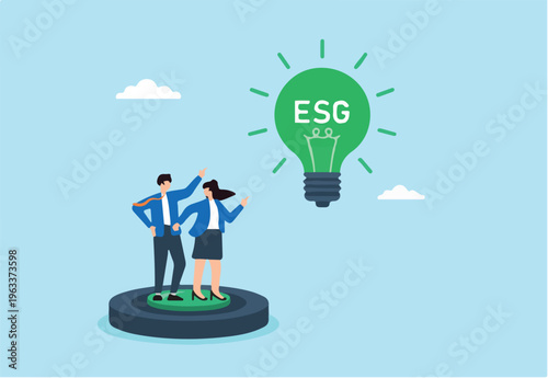 Flat illustration of employees pressing green ESG lightbulb button on dashboard to activate sustainable business mode
