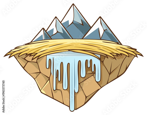 Floating island with snow capped mountains and waterfall in cartoon style