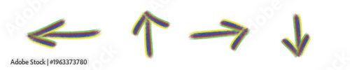 Set of multicolored brush paint arrows on transparent background, vibrant artistic pointer signs, design elements for infographics and directions.