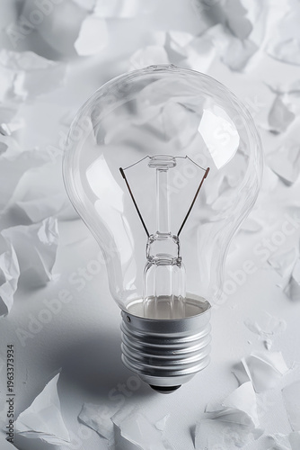 A single light bulb sits on top of a stack of papers, perfect for illustrations about learning, education, or study