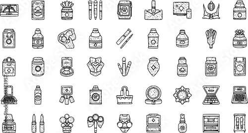 Hand-Drawn Makeup and Cosmetic Icons Set, Vector Illustrations