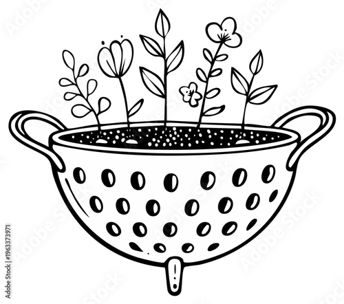 Illustrated kitchen colander filled with growing flowers and plants