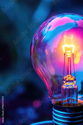 Glowing light bulb sitting on a table, ideal for use in illustrations about technology, innovation, or design