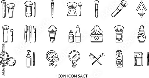 Black and White Line Art Icons Set of Various Makeup and Beauty Products, Cosmetic Tools, and Skincare Accessories for Glamour and Personal Care