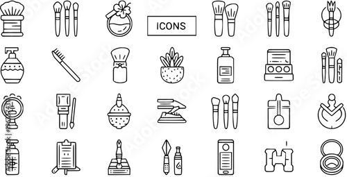 Cosmetic and Beauty Icons Set: Makeup Brushes, Tools, and Skincare Products