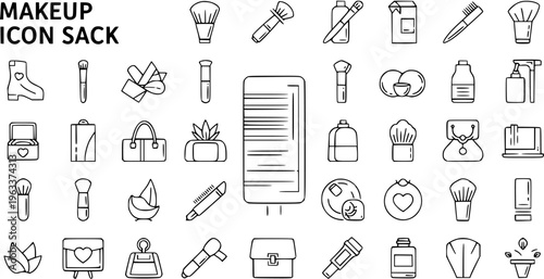 Outline Line Art Makeup and Beauty Icons Set - Cosmetics, Tools, and Accessories Collection