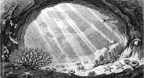 Vintage Illustration of an Underwater Coral Reef Cave Scene
