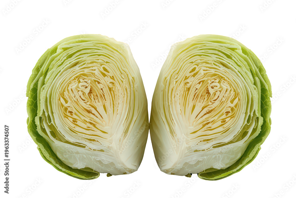 Obraz premium Fresh green cabbage head cut in half, revealing the layers and core structure of the healthful vegetable,