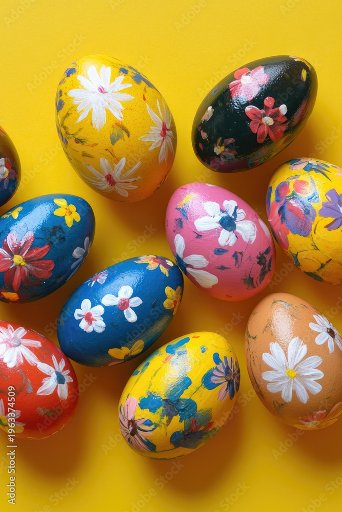 Fototapeta premium Group of colorful Easter eggs on a bright yellow background
