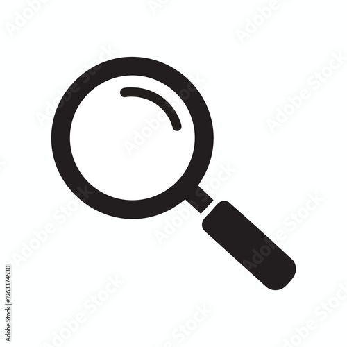 Black magnifying glass icon on white background, symbolizing search and discovery