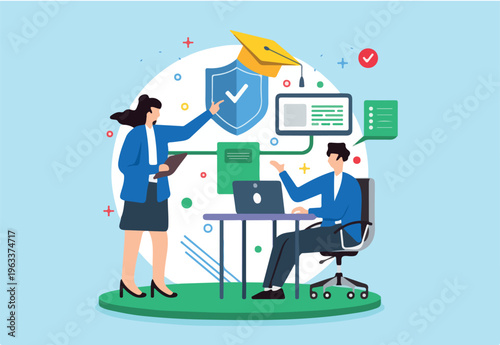 Flat illustration of woman educating man on cybersecurity best practices for cyber hygiene